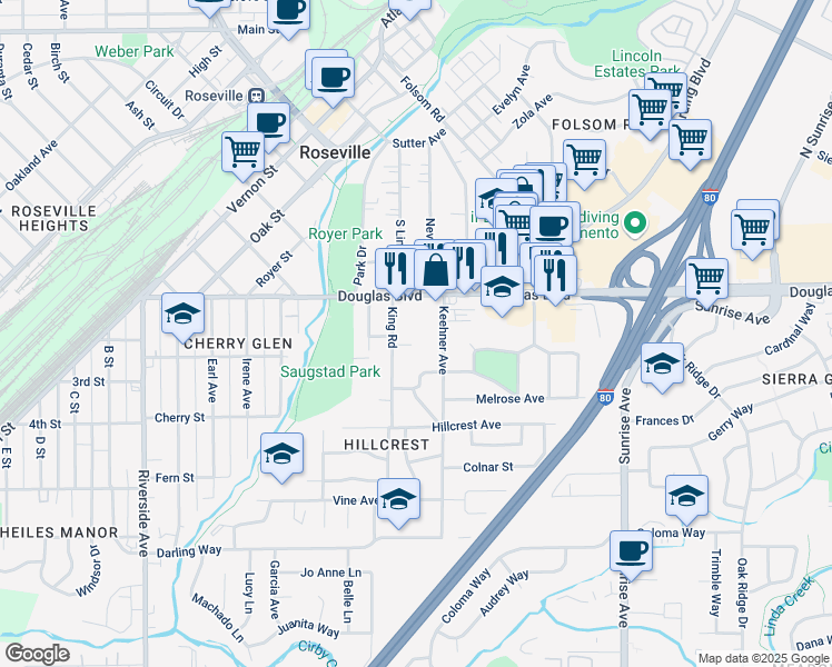 map of restaurants, bars, coffee shops, grocery stores, and more near 104 Keehner Avenue in Roseville