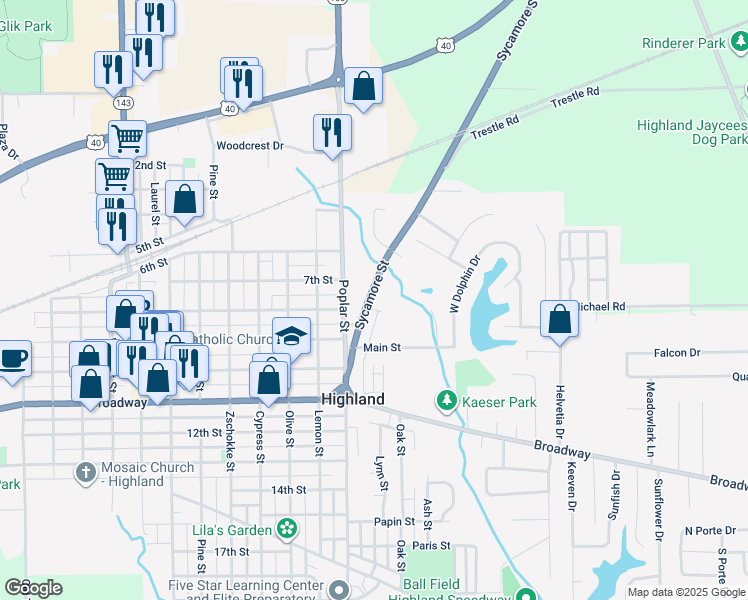 map of restaurants, bars, coffee shops, grocery stores, and more near 612 Sycamore Street in Highland