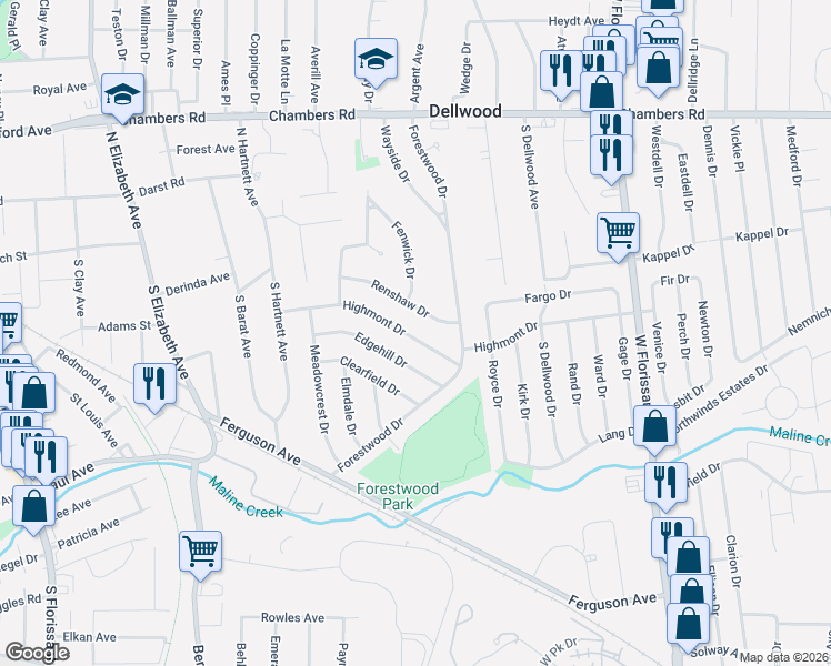 map of restaurants, bars, coffee shops, grocery stores, and more near 1060 Renshaw Drive in Ferguson