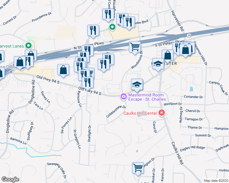 map of restaurants, bars, coffee shops, grocery stores, and more near 500 Bluffstone Circle in St. Peters