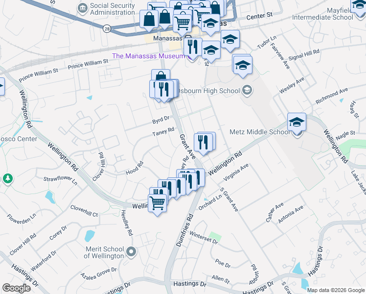 map of restaurants, bars, coffee shops, grocery stores, and more near 9804 Grant Avenue in Manassas