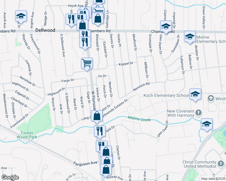 map of restaurants, bars, coffee shops, grocery stores, and more near 9712 Newton Drive in St. Louis