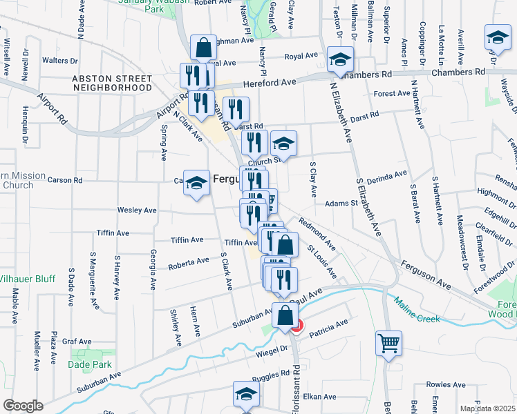 map of restaurants, bars, coffee shops, grocery stores, and more near in Ferguson