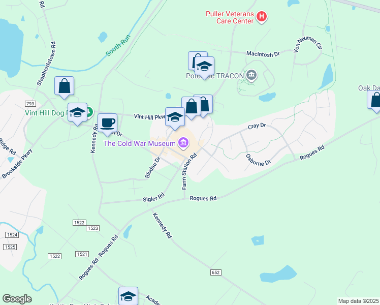 map of restaurants, bars, coffee shops, grocery stores, and more near 7150 Lineweaver Road in Warrenton