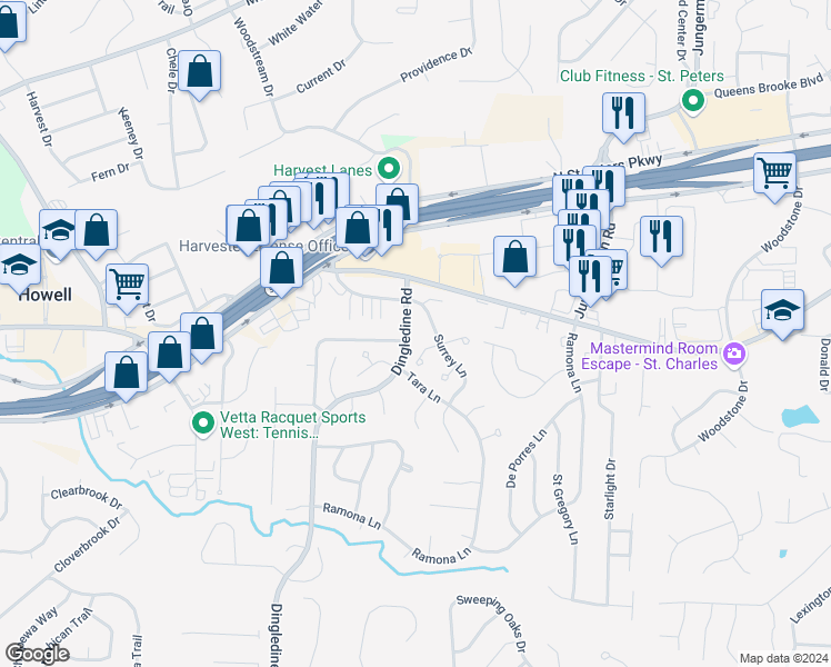 map of restaurants, bars, coffee shops, grocery stores, and more near 1346 Dingledine Road in St. Peters