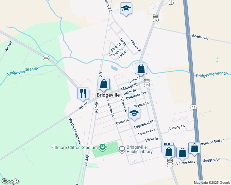 map of restaurants, bars, coffee shops, grocery stores, and more near 303 Delaware 404 Business in Bridgeville