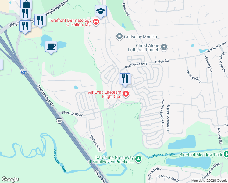 map of restaurants, bars, coffee shops, grocery stores, and more near 120 Boardwalk Gardens Drive in O'Fallon