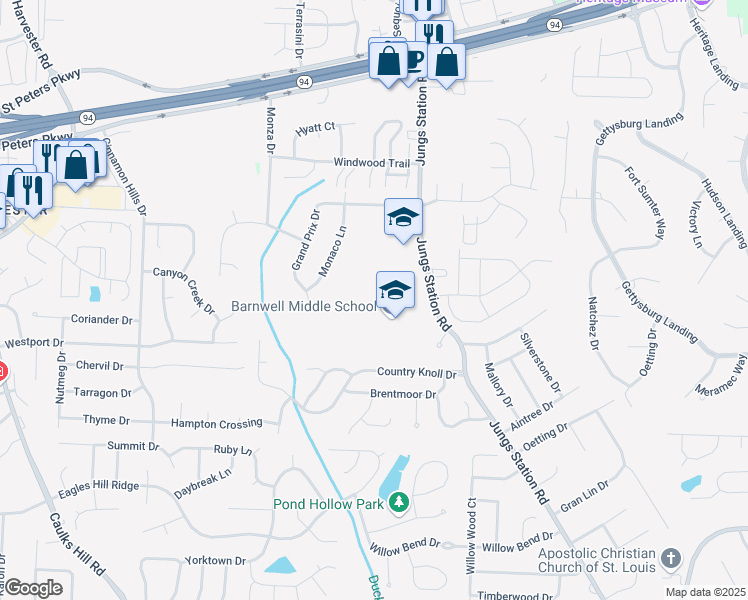 map of restaurants, bars, coffee shops, grocery stores, and more near 1035 Jungs Station Road in Saint Charles