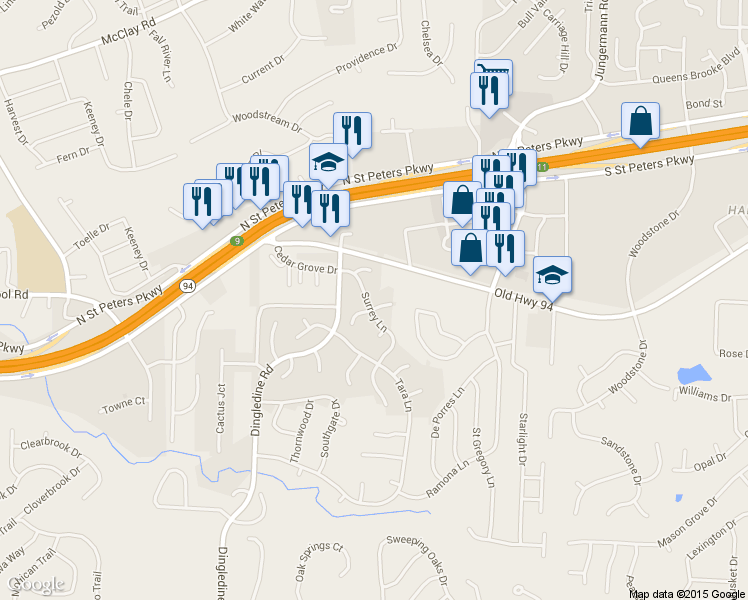 map of restaurants, bars, coffee shops, grocery stores, and more near 134 Country Trace Court in St. Peters