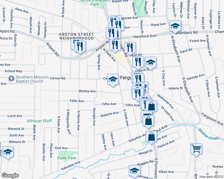 map of restaurants, bars, coffee shops, grocery stores, and more near 201 Wesley Avenue in Ferguson