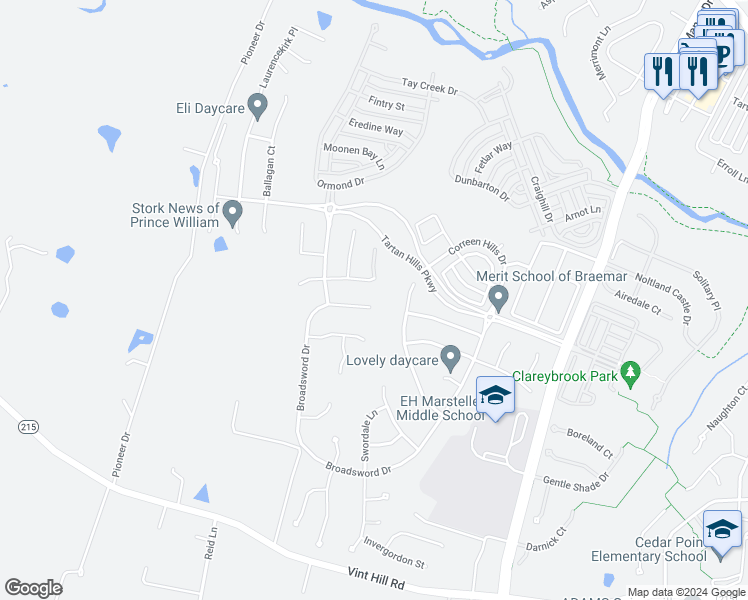 map of restaurants, bars, coffee shops, grocery stores, and more near 10229 Broadsword Drive in Bristow