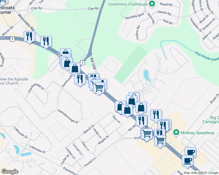 map of restaurants, bars, coffee shops, grocery stores, and more near 34578 Pinnacle Road in Lewes