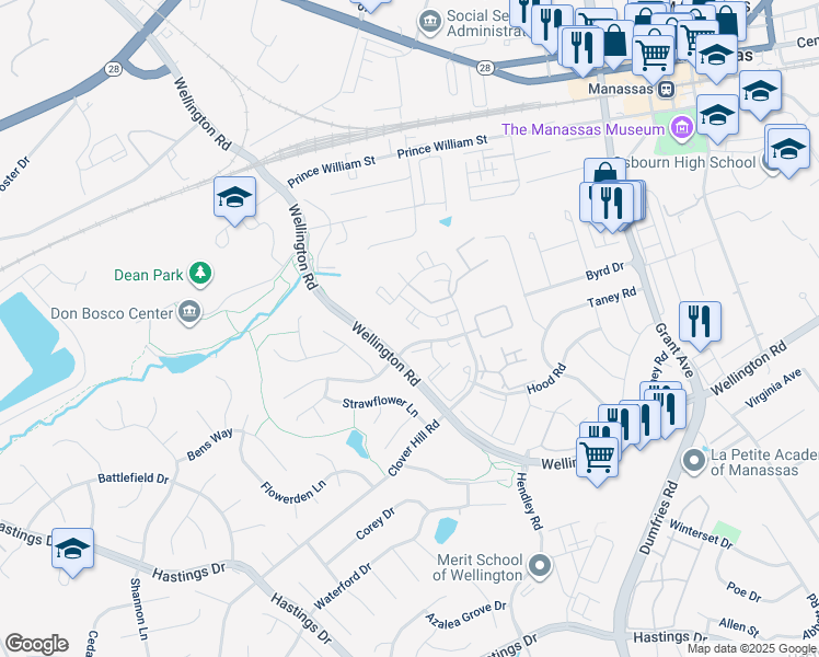 map of restaurants, bars, coffee shops, grocery stores, and more near 9779 Mock Orange Court in Manassas