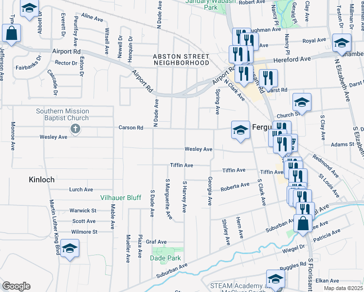 map of restaurants, bars, coffee shops, grocery stores, and more near 31 South Harvey Avenue in Saint Louis