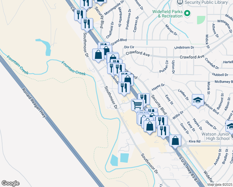 map of restaurants, bars, coffee shops, grocery stores, and more near 6688 Provincial Drive in Fountain