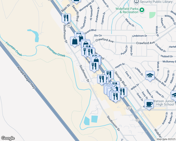 map of restaurants, bars, coffee shops, grocery stores, and more near 6688 Provincial Drive in Fountain