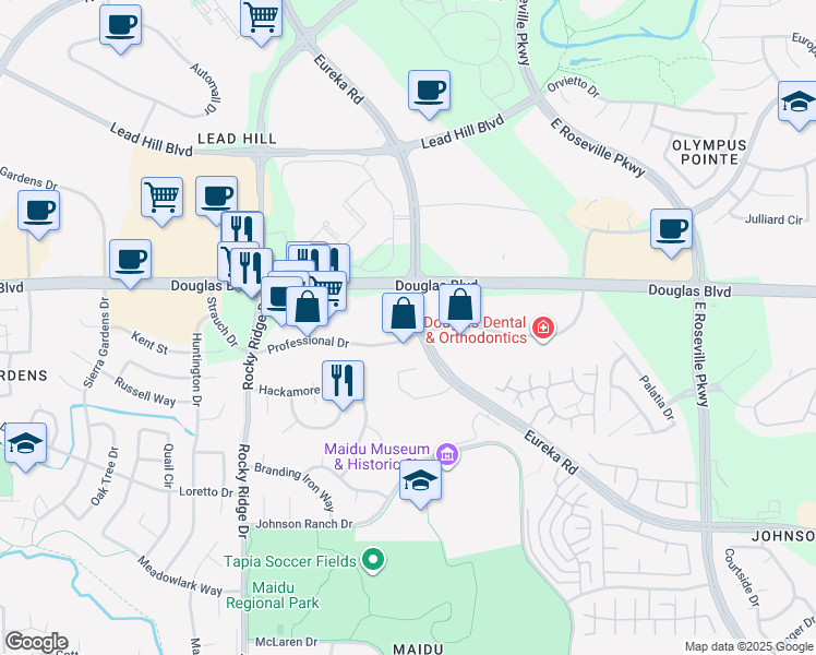 map of restaurants, bars, coffee shops, grocery stores, and more near 2150 Douglas Boulevard in Roseville