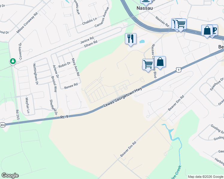 map of restaurants, bars, coffee shops, grocery stores, and more near 24258 Zinfandel Lane in Lewes