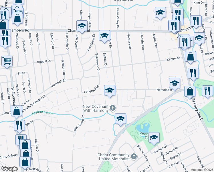 map of restaurants, bars, coffee shops, grocery stores, and more near 9611 Balboa Drive in St. Louis
