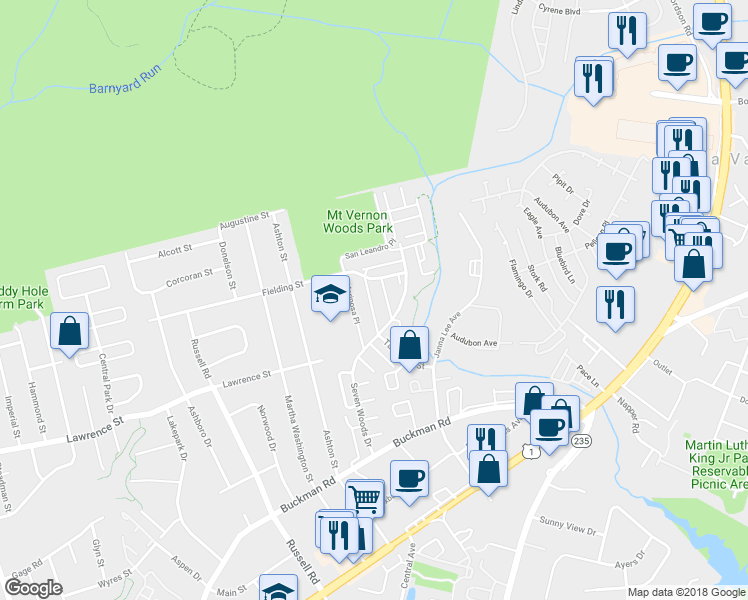 map of restaurants, bars, coffee shops, grocery stores, and more near 3888 Manzanita Place in Alexandria