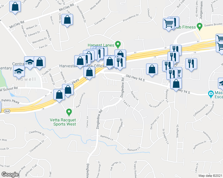 map of restaurants, bars, coffee shops, grocery stores, and more near 1331 Old Dingledine Road in Saint Charles
