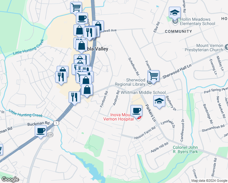 map of restaurants, bars, coffee shops, grocery stores, and more near 7910 Andrus Road in Alexandria