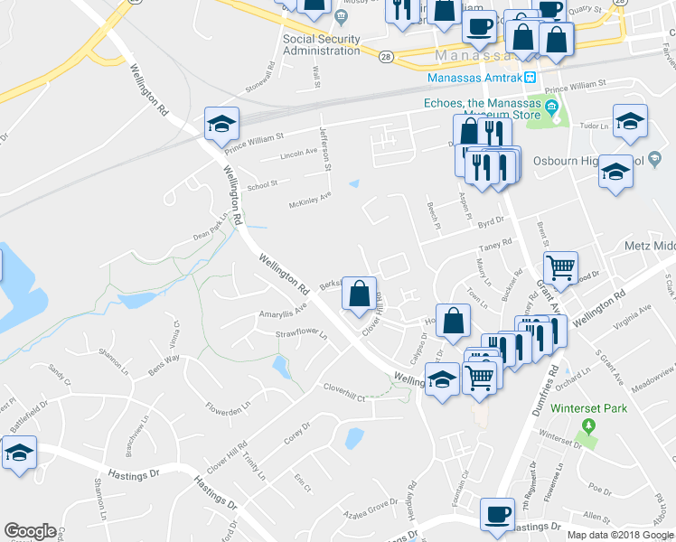 map of restaurants, bars, coffee shops, grocery stores, and more near 9761 Mock Orange Court in Manassas
