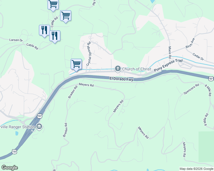 map of restaurants, bars, coffee shops, grocery stores, and more near 3149 Meyers Road in Camino
