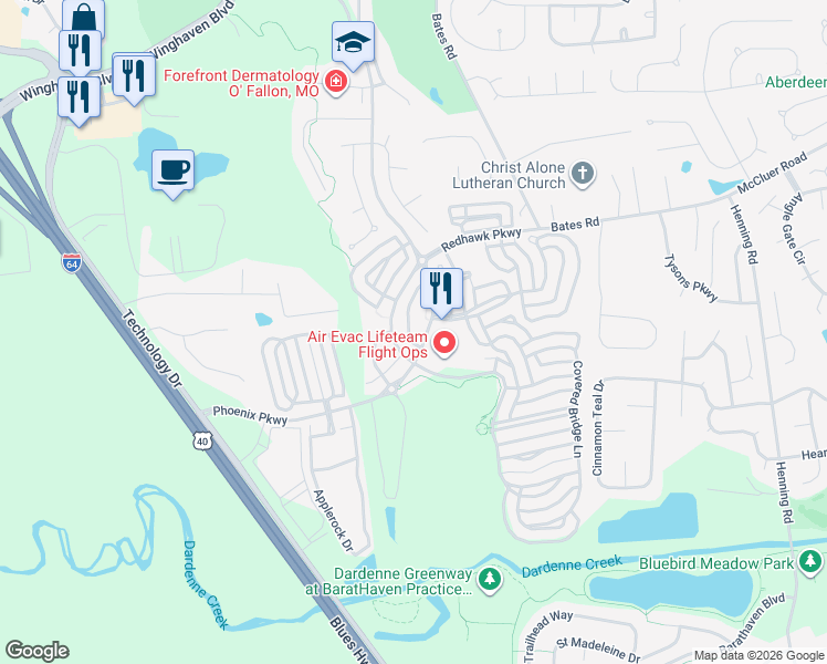 map of restaurants, bars, coffee shops, grocery stores, and more near 120 Boardwalk Gardens Drive in O'Fallon