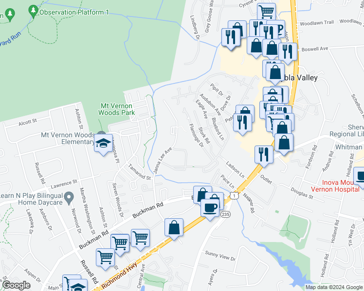 map of restaurants, bars, coffee shops, grocery stores, and more near 7953 Janna Lee Avenue in Alexandria