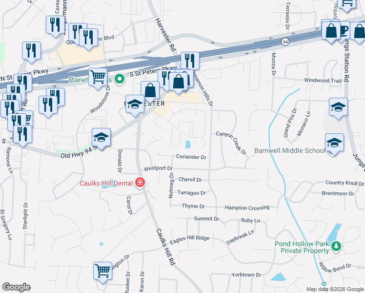 map of restaurants, bars, coffee shops, grocery stores, and more near 1368 Summergate Parkway in Saint Charles