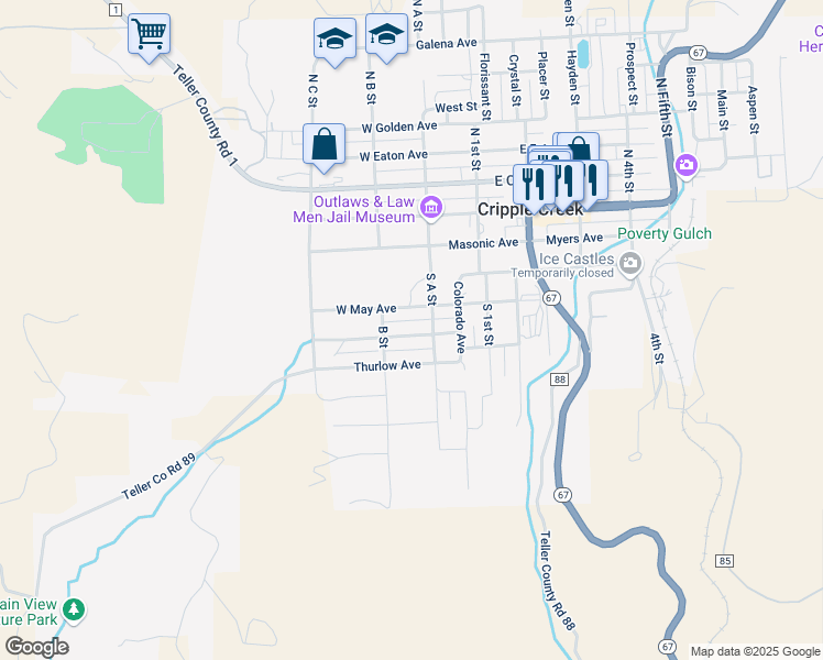 map of restaurants, bars, coffee shops, grocery stores, and more near 325 North A Street in Cripple Creek