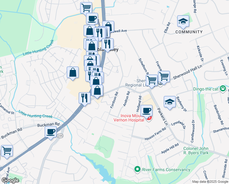 map of restaurants, bars, coffee shops, grocery stores, and more near 7900 Fordson Road in Hybla Valley