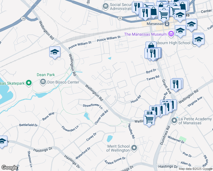 map of restaurants, bars, coffee shops, grocery stores, and more near 9741 Sassafras Court in Manassas