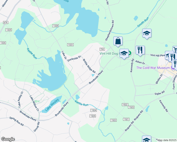 map of restaurants, bars, coffee shops, grocery stores, and more near 7155 Shepherdstown Road in Warrenton