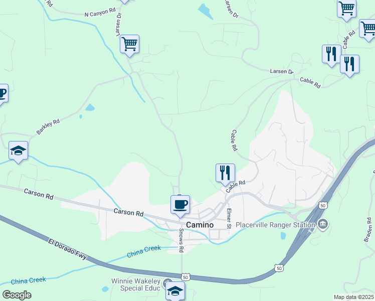 map of restaurants, bars, coffee shops, grocery stores, and more near 2781 Larsen Drive in Camino