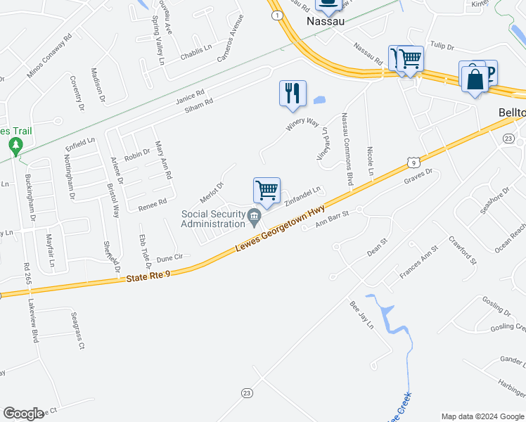 map of restaurants, bars, coffee shops, grocery stores, and more near 24258 Zinfandel Lane in Lewes