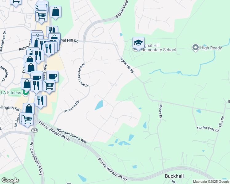 map of restaurants, bars, coffee shops, grocery stores, and more near 9805 Cisler Lane in Manassas