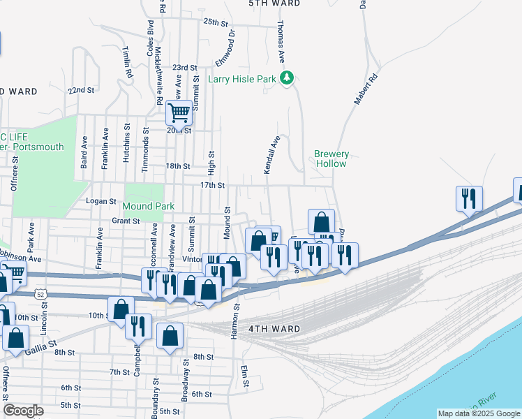 map of restaurants, bars, coffee shops, grocery stores, and more near 1610 Kendall Avenue in Portsmouth