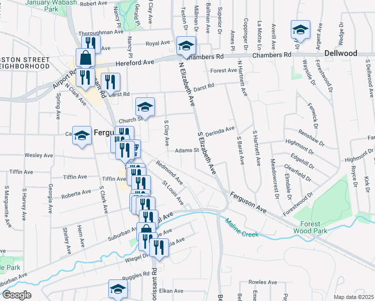map of restaurants, bars, coffee shops, grocery stores, and more near 443 Adams Street in Ferguson
