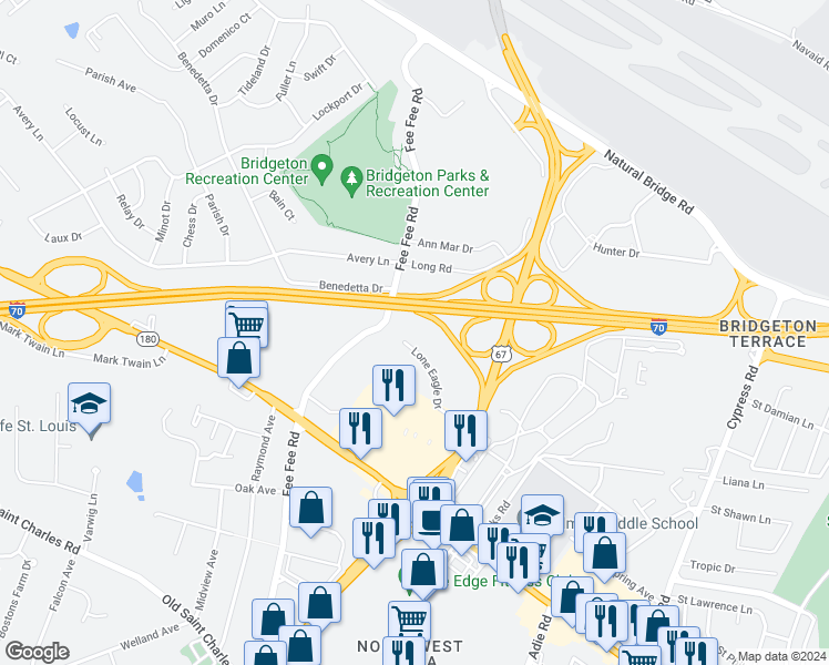 map of restaurants, bars, coffee shops, grocery stores, and more near 11252 Lone Eagle Drive in Bridgeton