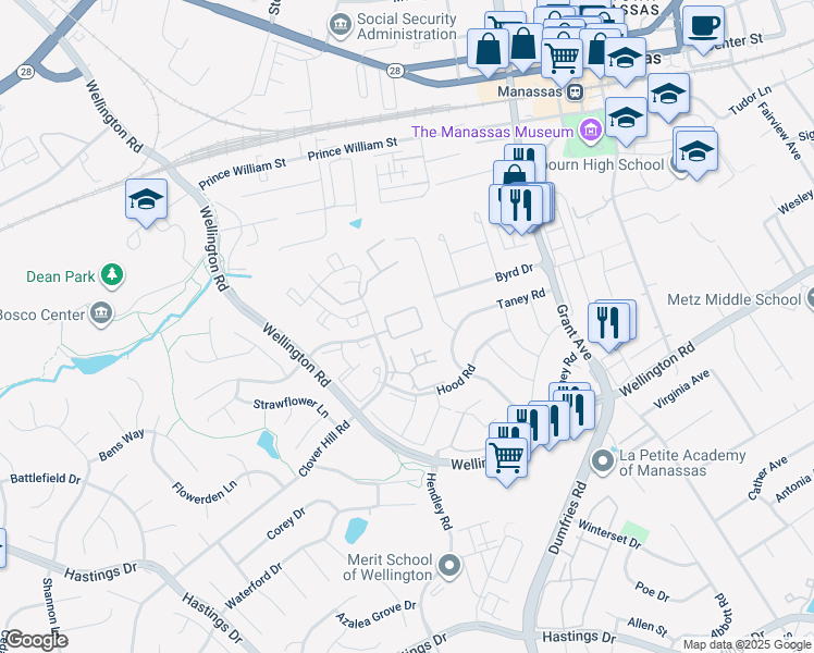 map of restaurants, bars, coffee shops, grocery stores, and more near 9017 Coriander Circle in Manassas