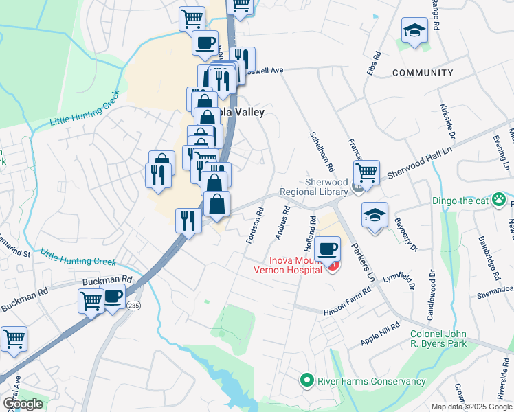 map of restaurants, bars, coffee shops, grocery stores, and more near 7900 Fordson Road in Hybla Valley