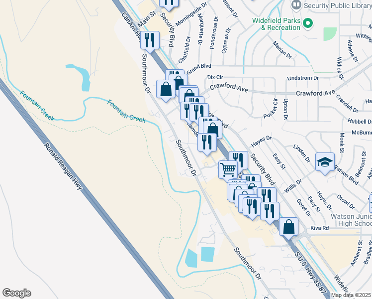 map of restaurants, bars, coffee shops, grocery stores, and more near 6679 Provincial Drive in Fountain