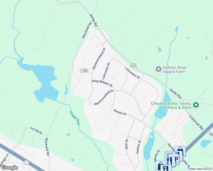 map of restaurants, bars, coffee shops, grocery stores, and more near 7160 King William Street in Warrenton