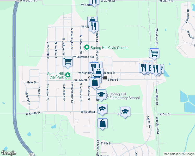 map of restaurants, bars, coffee shops, grocery stores, and more near in Spring Hill