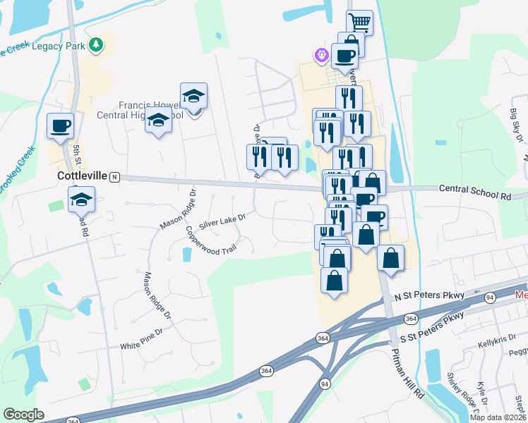 map of restaurants, bars, coffee shops, grocery stores, and more near 151 Cedar Mill Court in Saint Charles