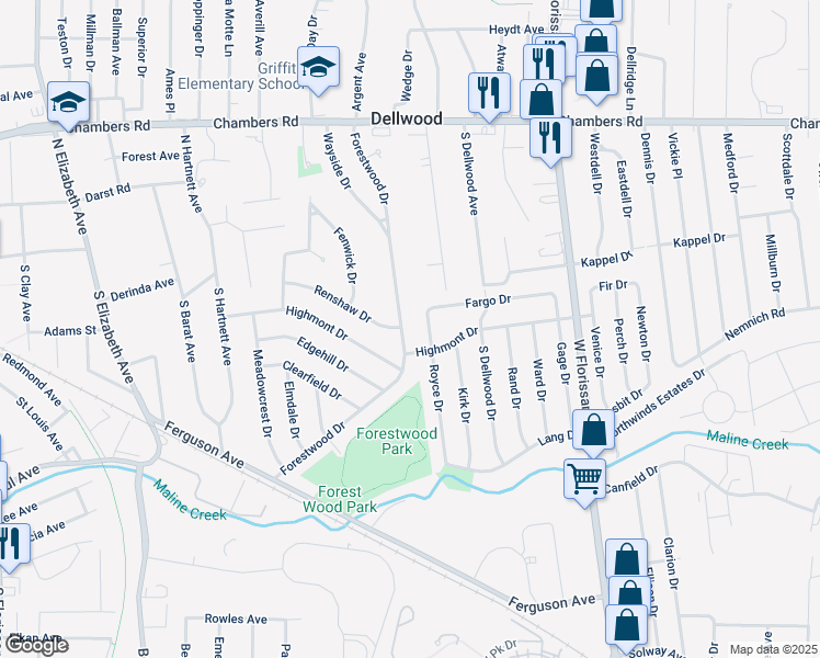 map of restaurants, bars, coffee shops, grocery stores, and more near 224 Forestwood Drive in St. Louis