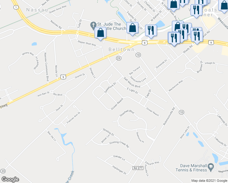 map of restaurants, bars, coffee shops, grocery stores, and more near 32944 Sandstone Drive in Lewes