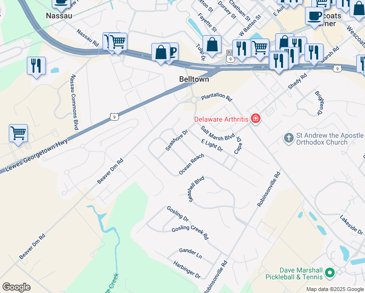 map of restaurants, bars, coffee shops, grocery stores, and more near 32944 Sandstone Drive in Lewes